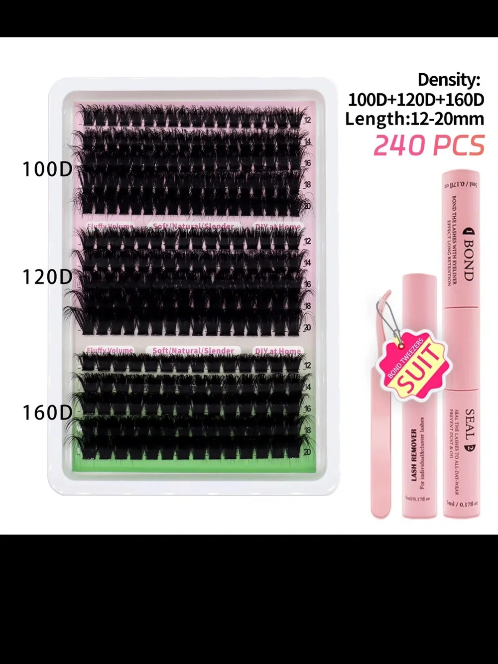 3D Fluffy Cluster Lash Set with Pink Adhesive & Applicator - Black